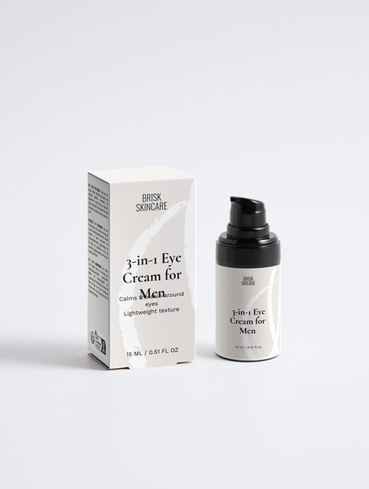 A bottle and box of 3-in-1 Eye Cream for Men by Dr. Brandt, with packaging in black and white.