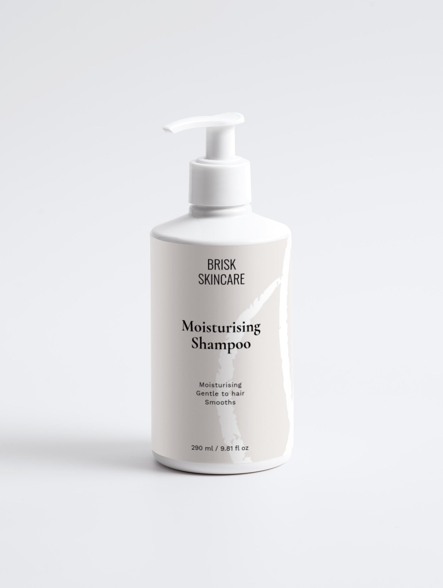 A white pump bottle labeled 'Moisturising Shampoo' from BRUX SKINCARE, designed for hair care.