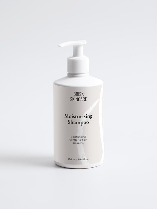 A white pump bottle labeled 'Moisturising Shampoo' from BRUX SKINCARE, designed for hair care.