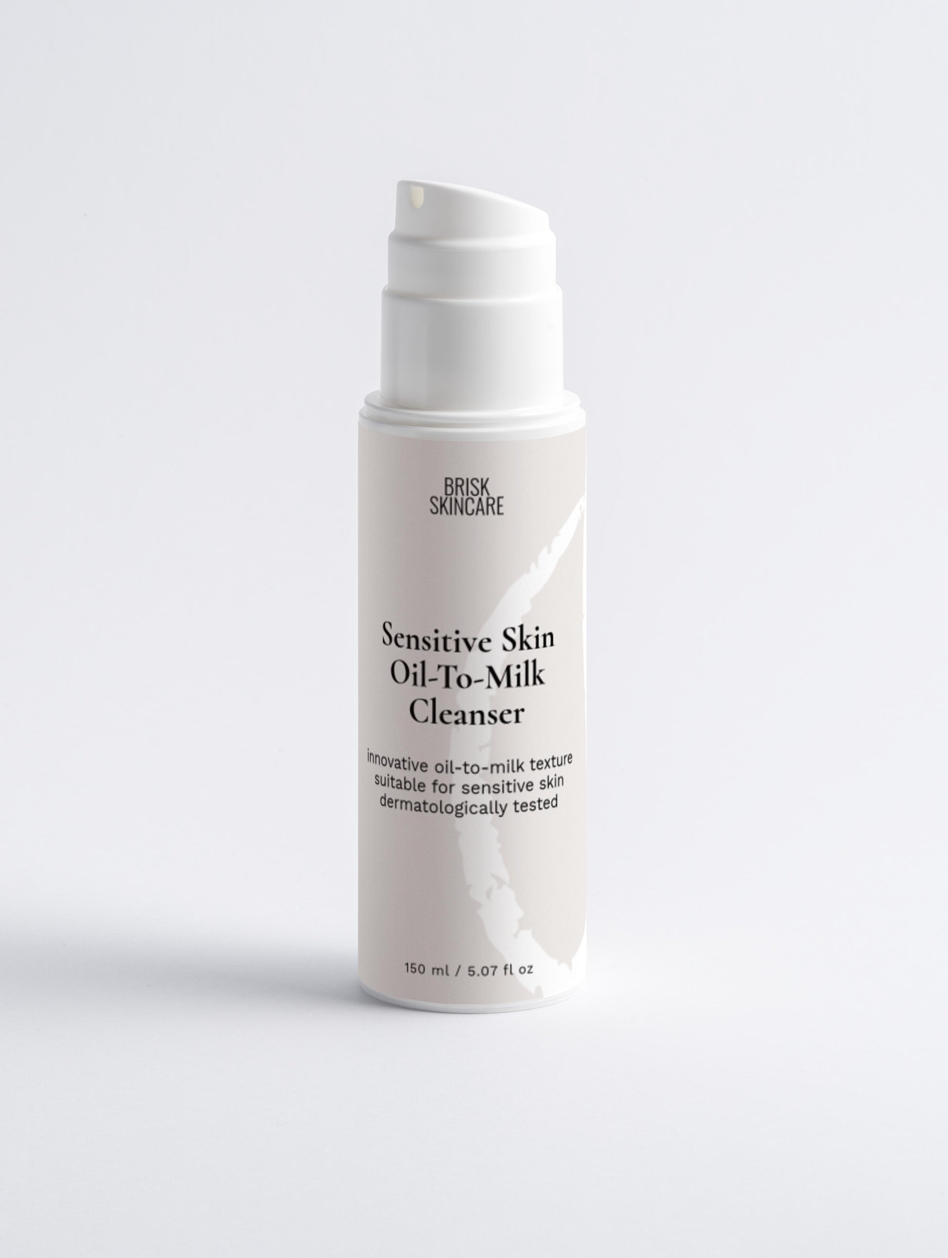 A pump bottle of Sensitive Skin Oil-To-Milk Cleanser for facial cleansing, white and clean with minimalist design.