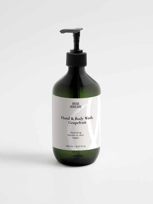 Hand and body wash bottle with pump labeled 'Brisk Skincare' on a white background