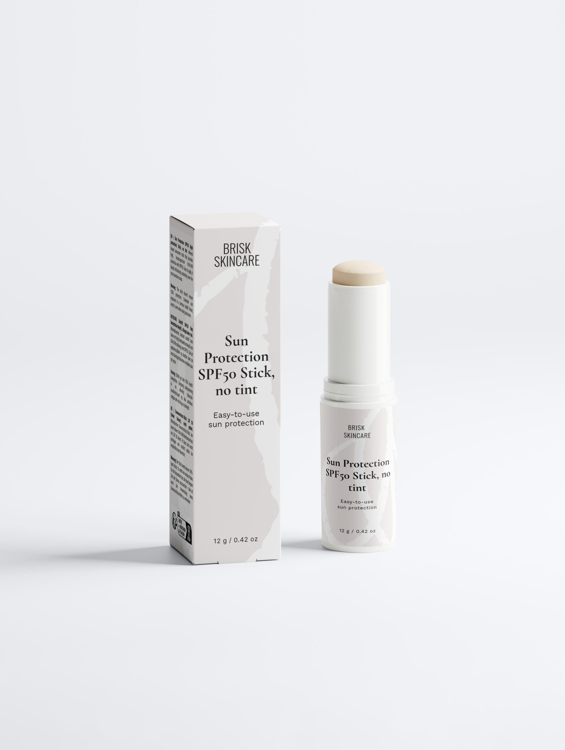 A sunscreen stick with its packaging, labeled as Sun Protection SPF50, in a white color scheme.