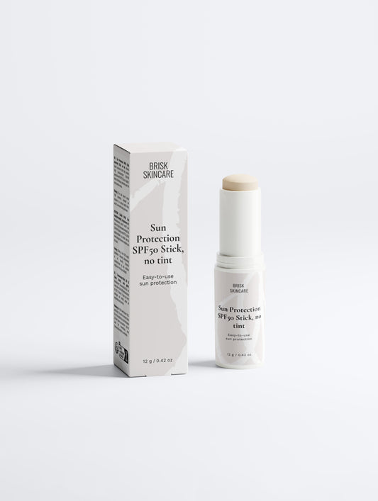 A sunscreen stick with its packaging, labeled as Sun Protection SPF50, in a white color scheme.