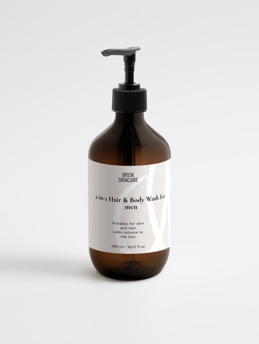 A pump bottle of 2-in-1 Hair & Body Wash for men with a white label, amber colored packaging, and black text.