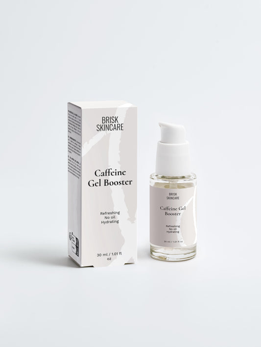 A bottle of Caffeine Gel Booster by Bioderma with its packaging box, both featuring a clean white design.