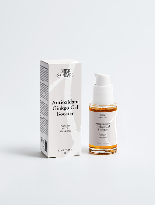A bottle of Antioxidant Ginkgo Gel Booster by BRDR SKINCARE, with a white and transparent packaging, displayed next to its box.