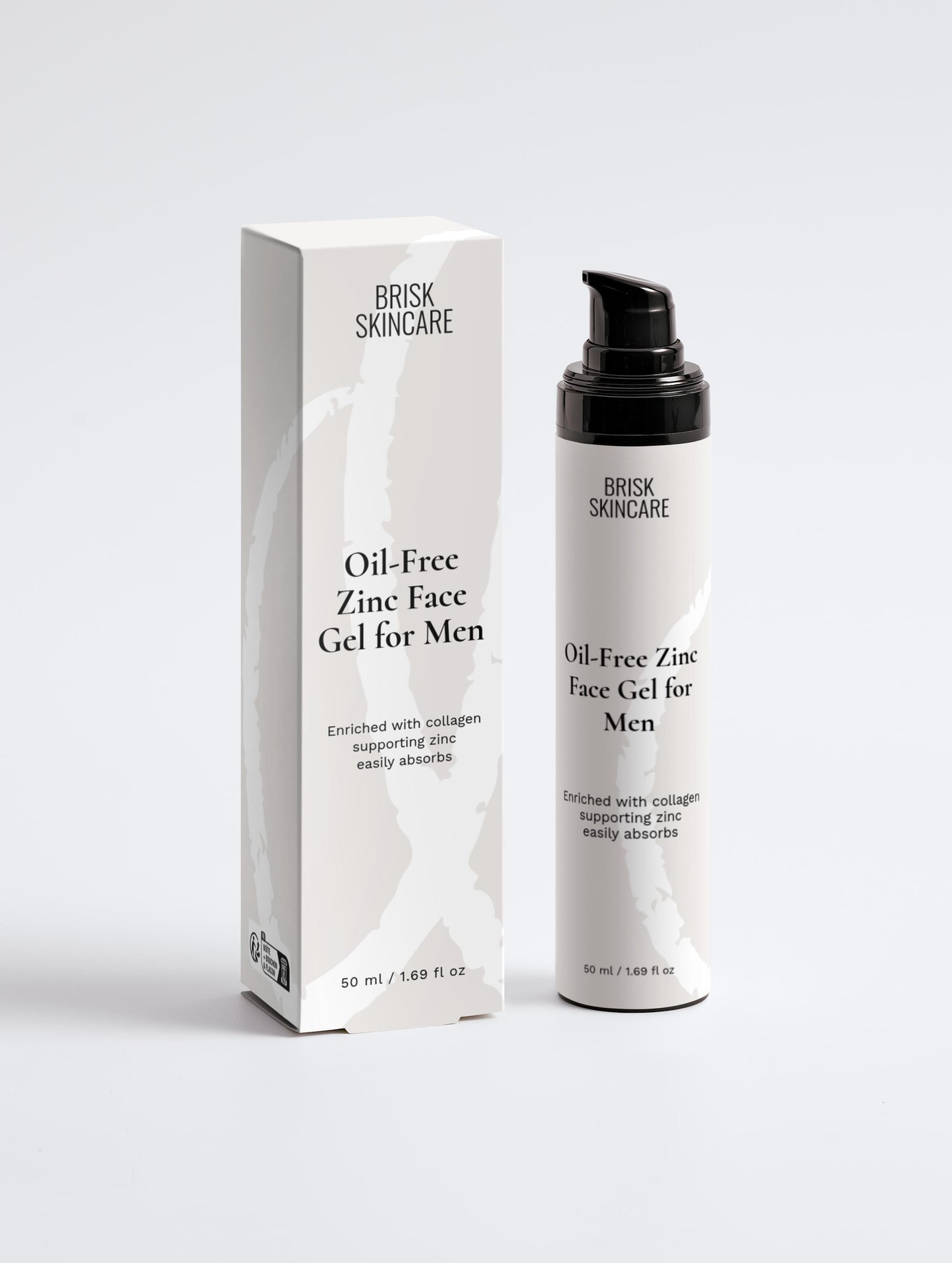 A pump bottle of oil-free zinc face gel for men alongside its packaging box. The packaging is minimalistic, featuring a black and white color scheme.