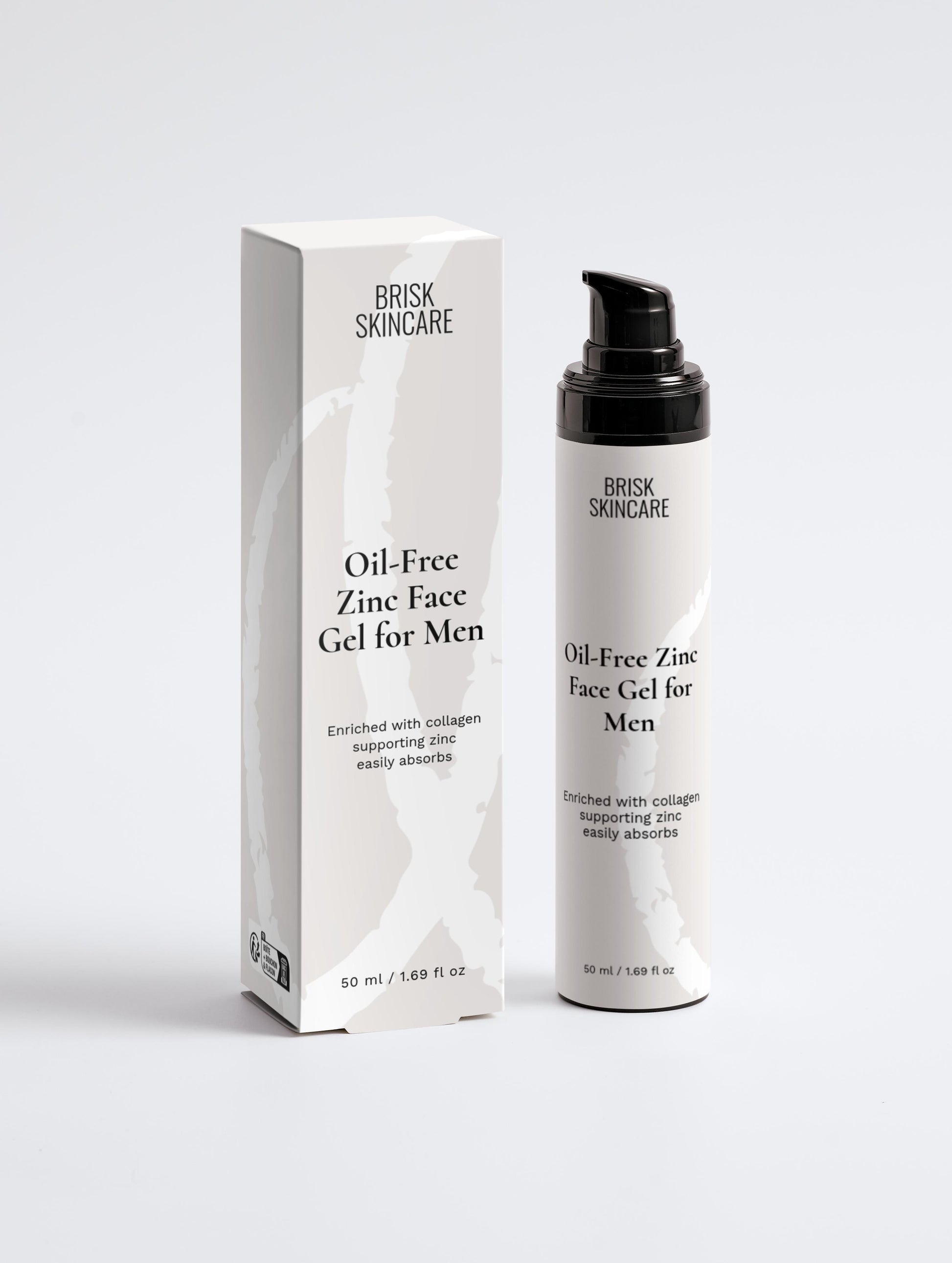 A pump bottle of oil-free zinc face gel for men alongside its packaging box. The packaging is minimalistic, featuring a black and white color scheme.