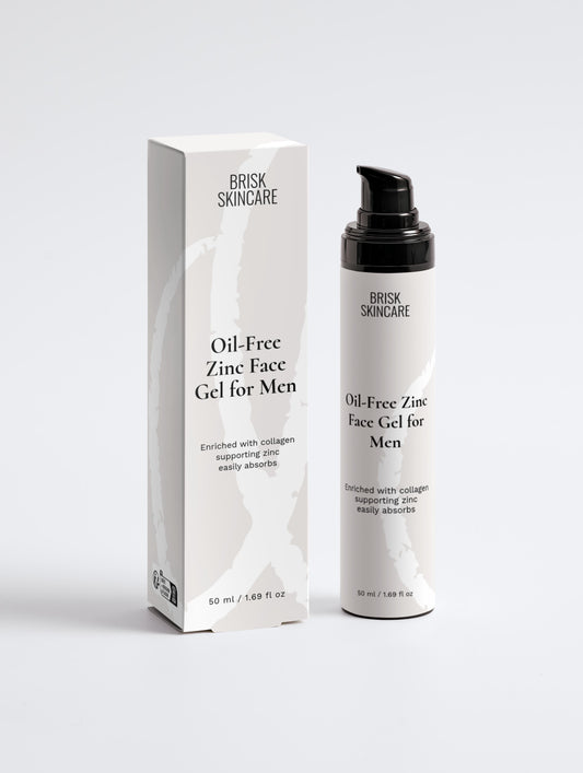 A pump bottle of oil-free zinc face gel for men alongside its packaging box. The packaging is minimalistic, featuring a black and white color scheme.