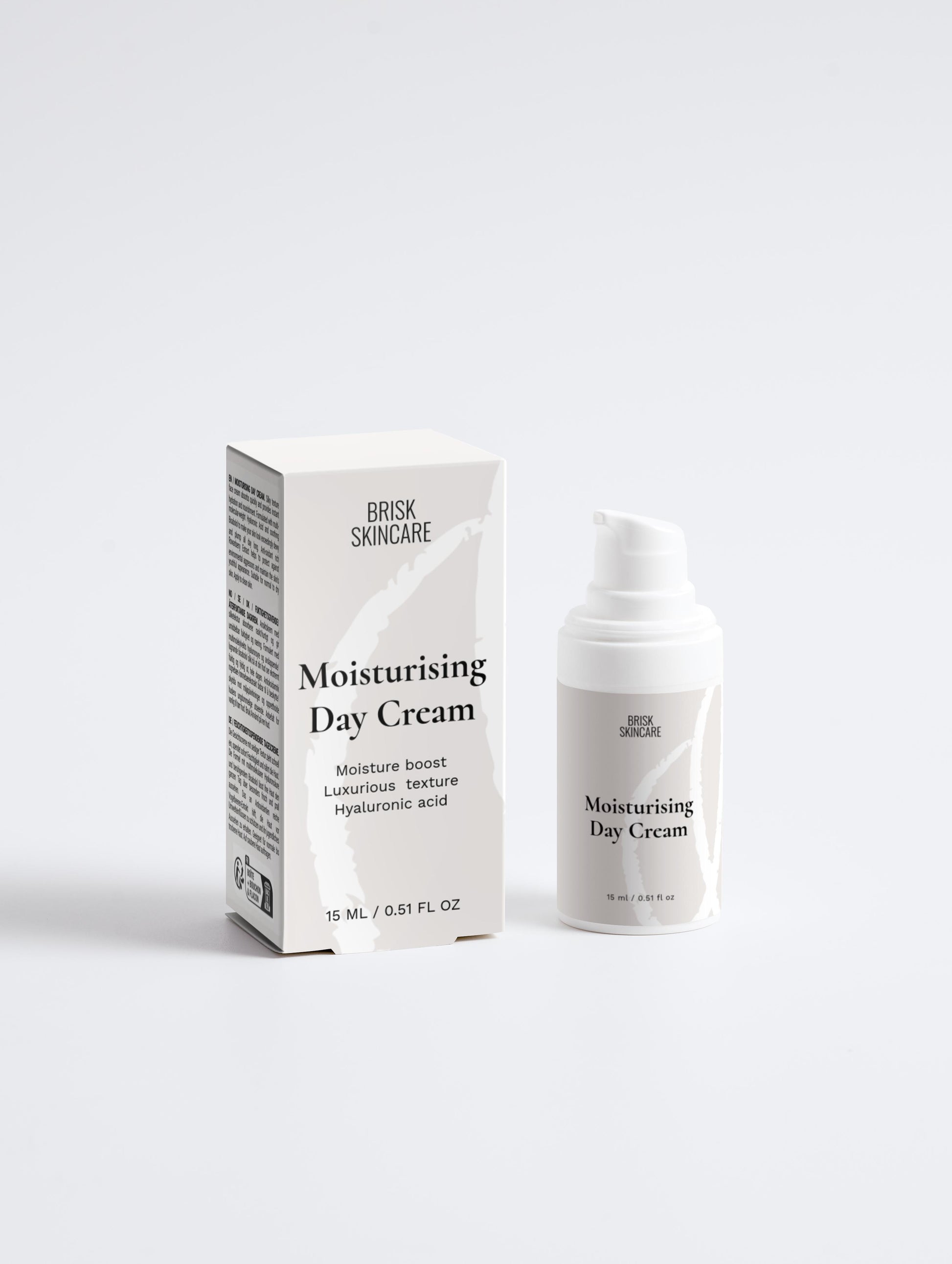 A white pump bottle of Moisturising Day Cream alongside its packaging box.