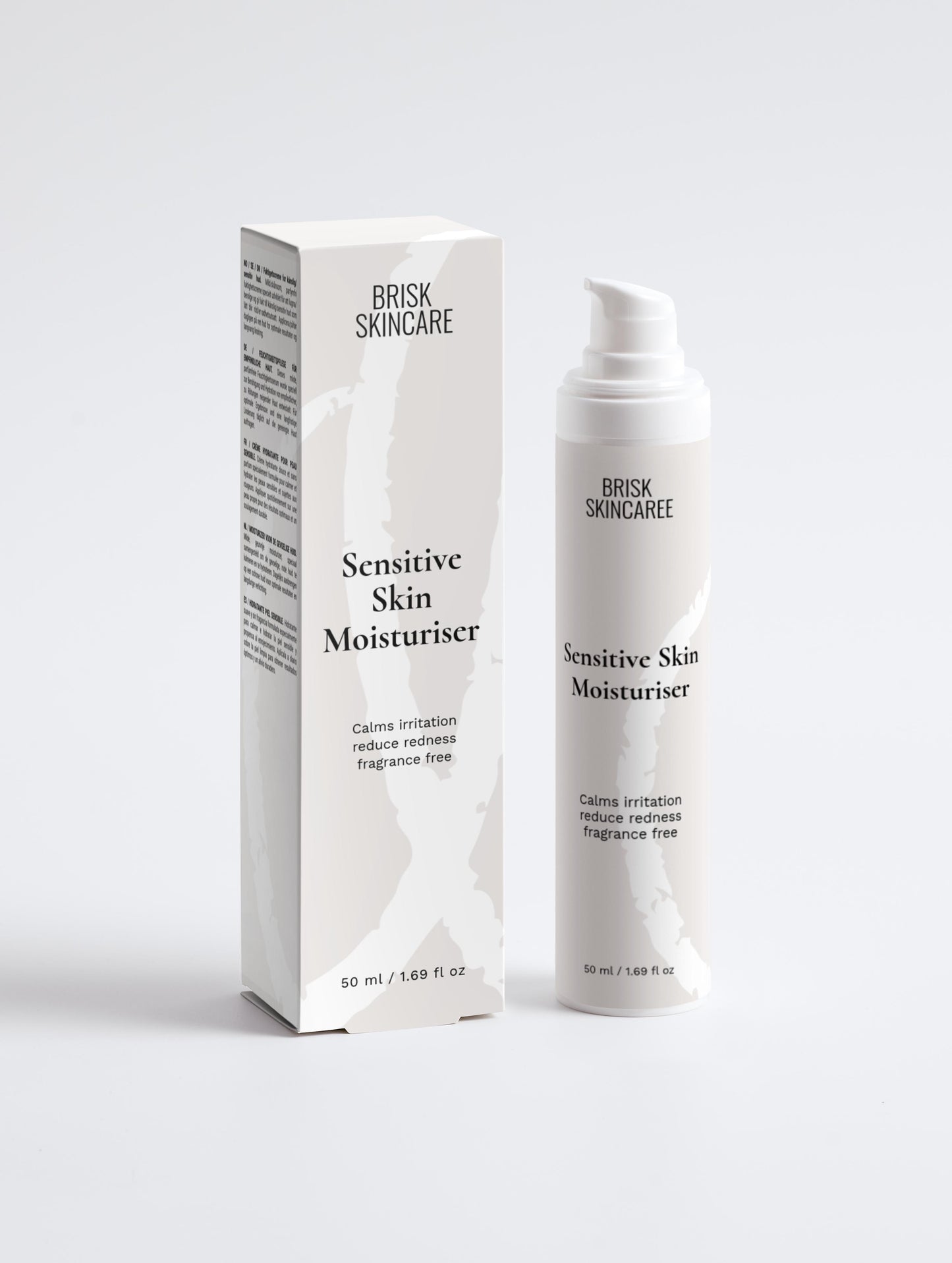A white pump bottle of Sensitive Skin Moisturiser with its packaging box, both featuring the brand name Brix Skincare.