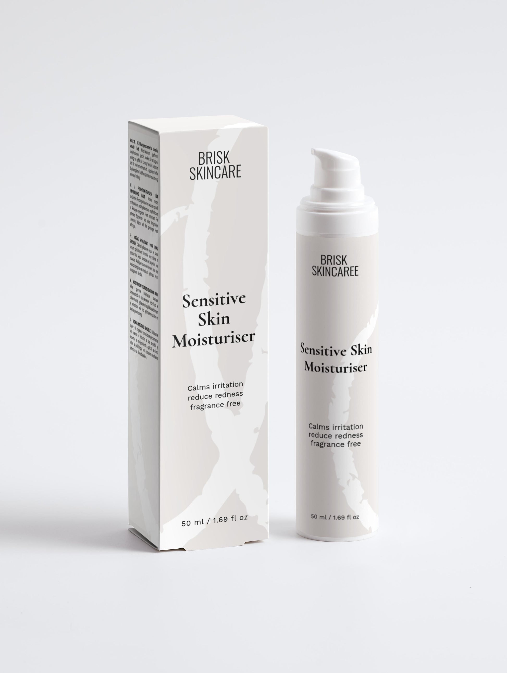 A white pump bottle of Sensitive Skin Moisturiser with its packaging box, both featuring the brand name Brix Skincare.
